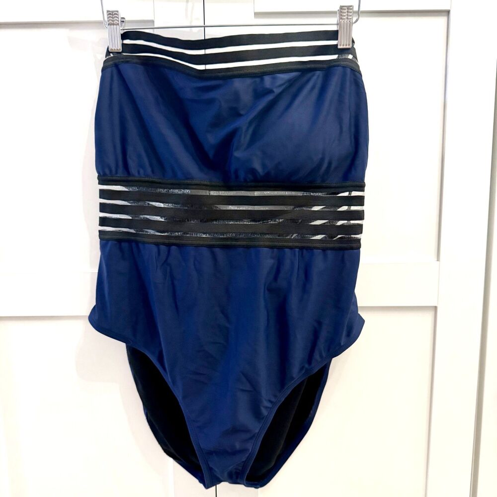 Hilor Navy Blue One Piece Mesh Stripe Illusion Swimsuit - Size 16 XXL